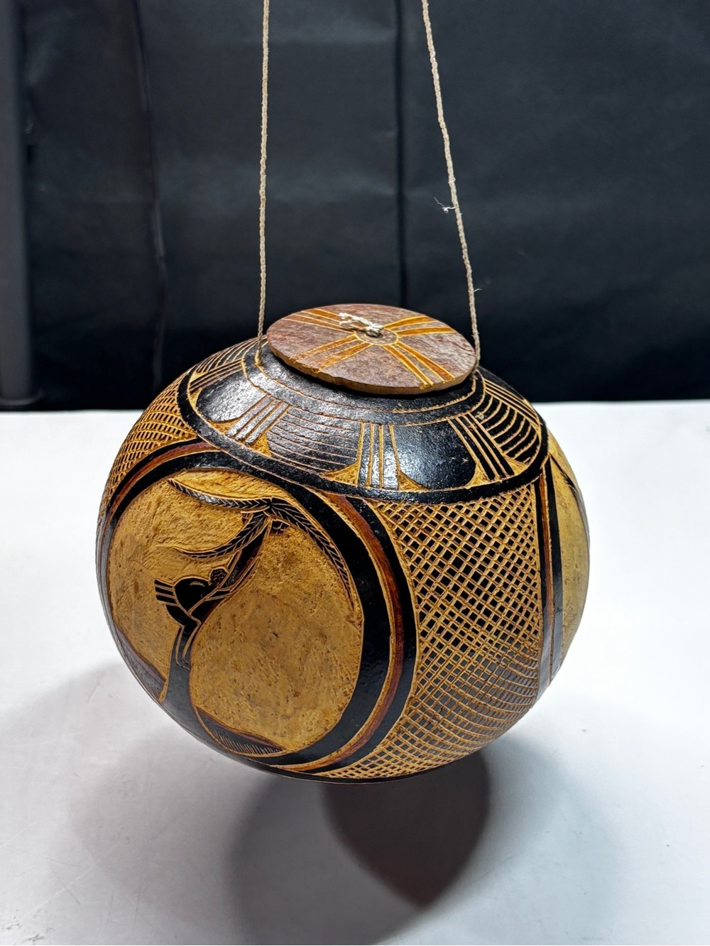 Antique Hand Carved African Hanging Gourd Vessel Lidded Calabash Bird Decor